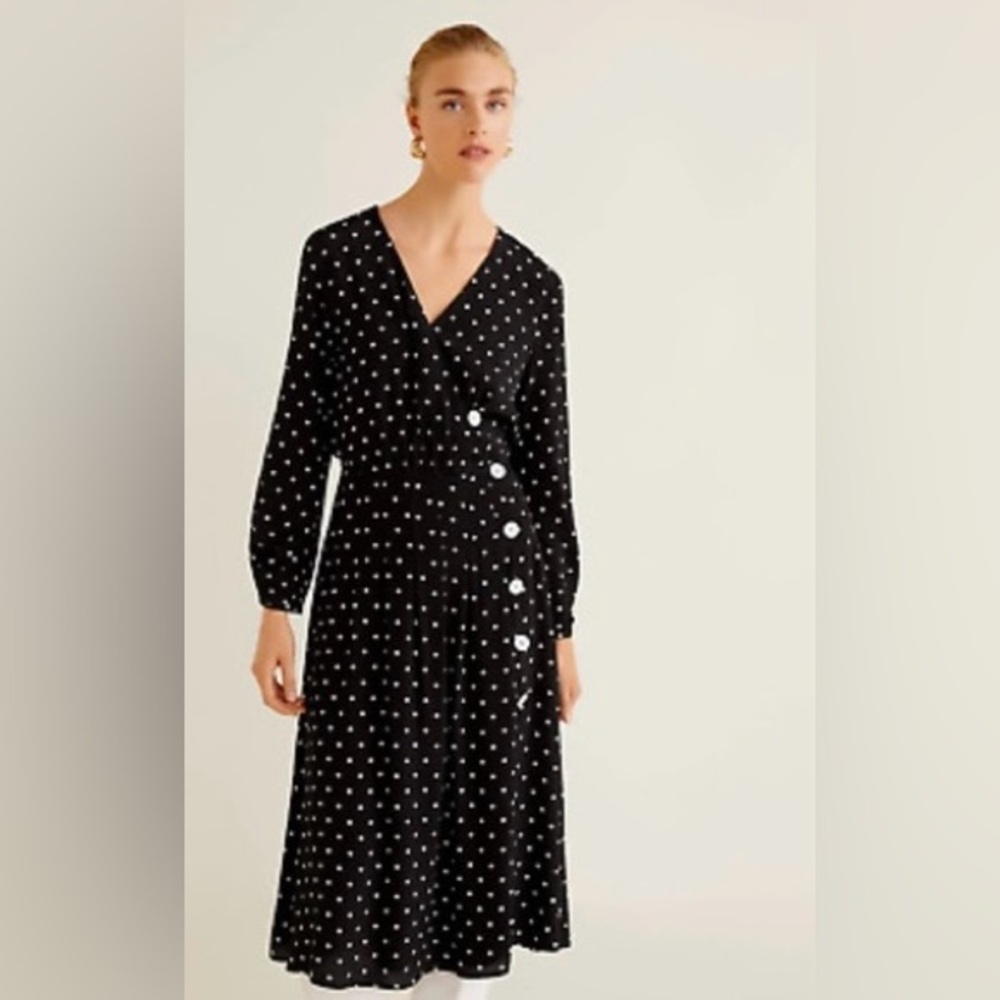 Mango MNG Polka Dot Buttoned Midi Flare Dress Black & White - Picture 2 of 13